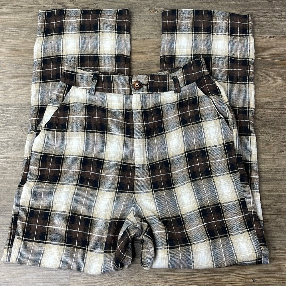 Shein High Rise Straight Leg Brown Cream Flannel Plaid Pants, size XS